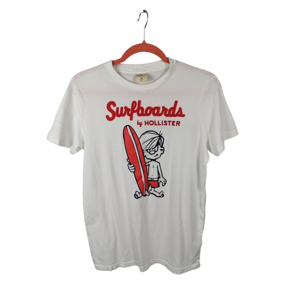 Hollister Mens White Surfboards Graphic T-Shirt Chenille Script Size M